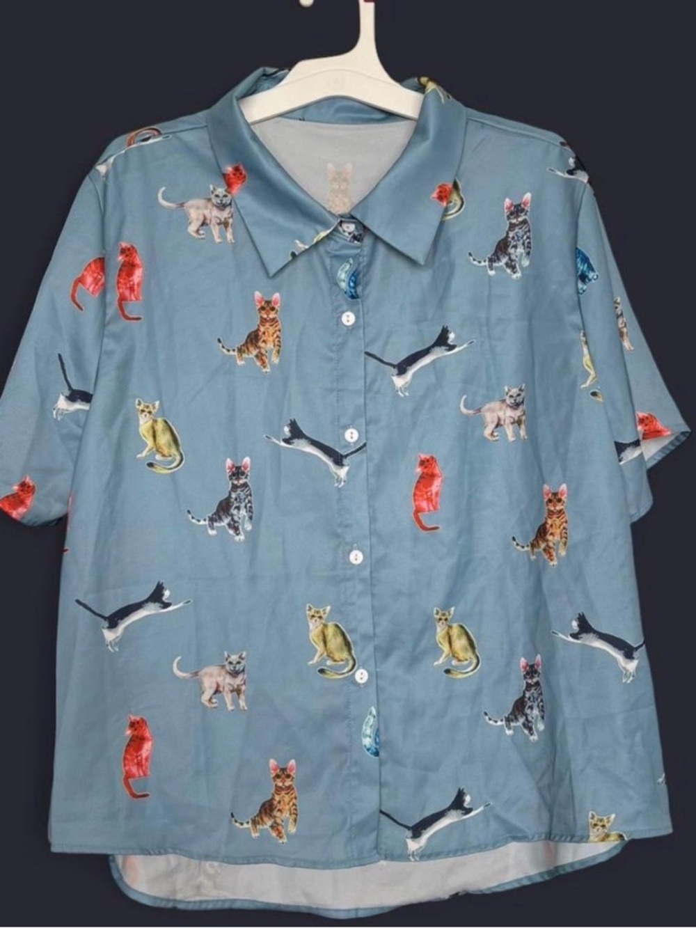Blue Cat Print Short Sleeve Shirt - Unbranded